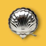 Vintage silver-plated metal and glass shell butter dish with knife