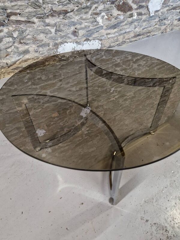 Table basse design Paul Legeard verre fumé et chrome
