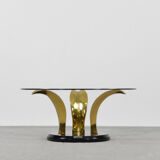 Vintage Glamour Hollywood Regency Glass & Brass Palm Leaf Cocktail Coffee Table, 1970s