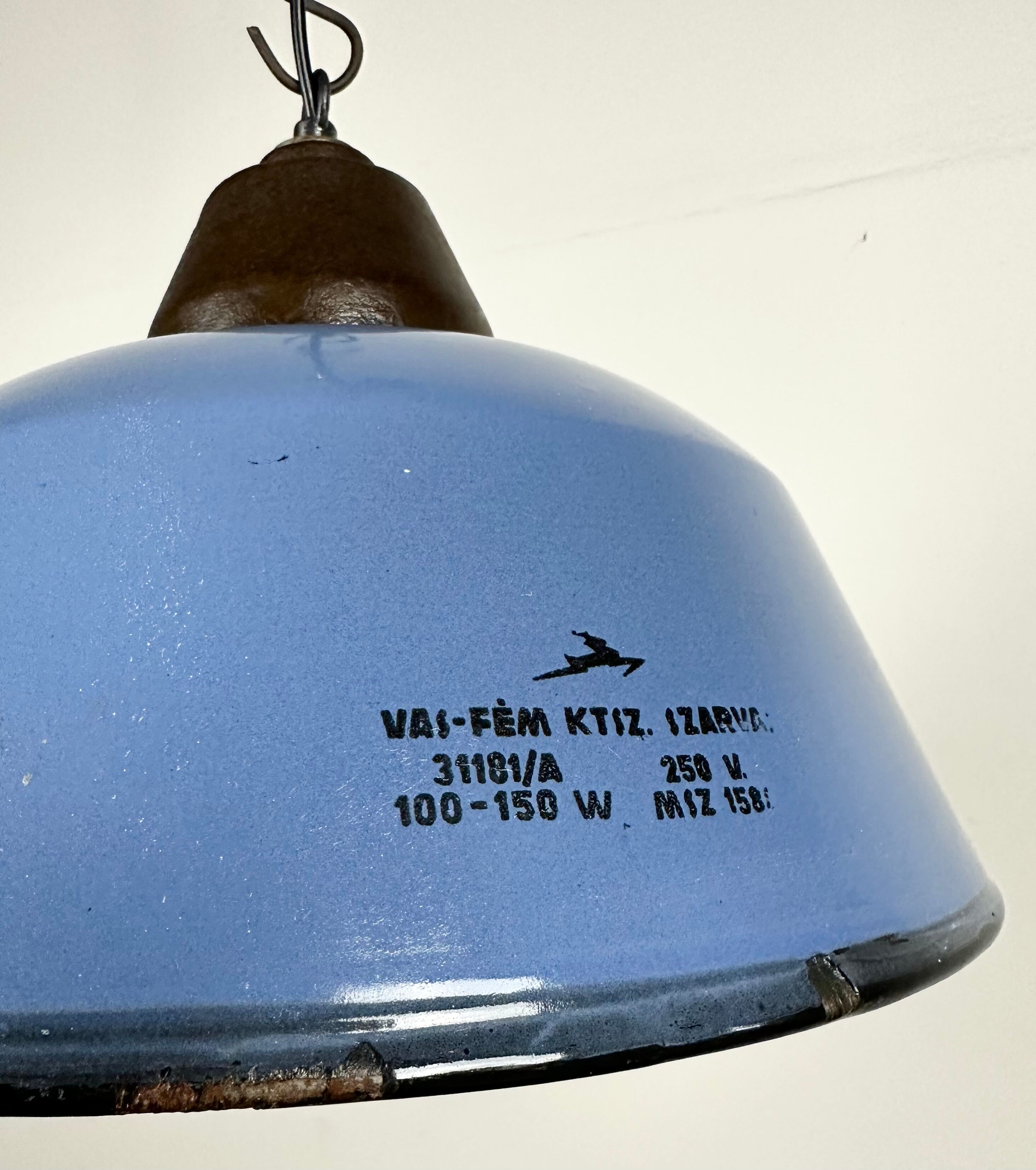 Industrial Blue Enamel and Cast Iron Pendant Light with Glass Cover, 1960s