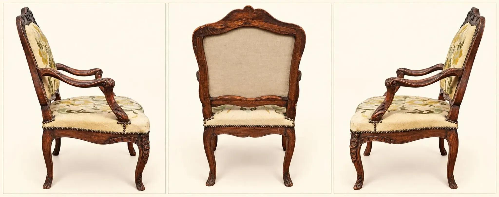 Louis XV cabriolet armchair, carved walnut, petit point tapestry, 18th century.