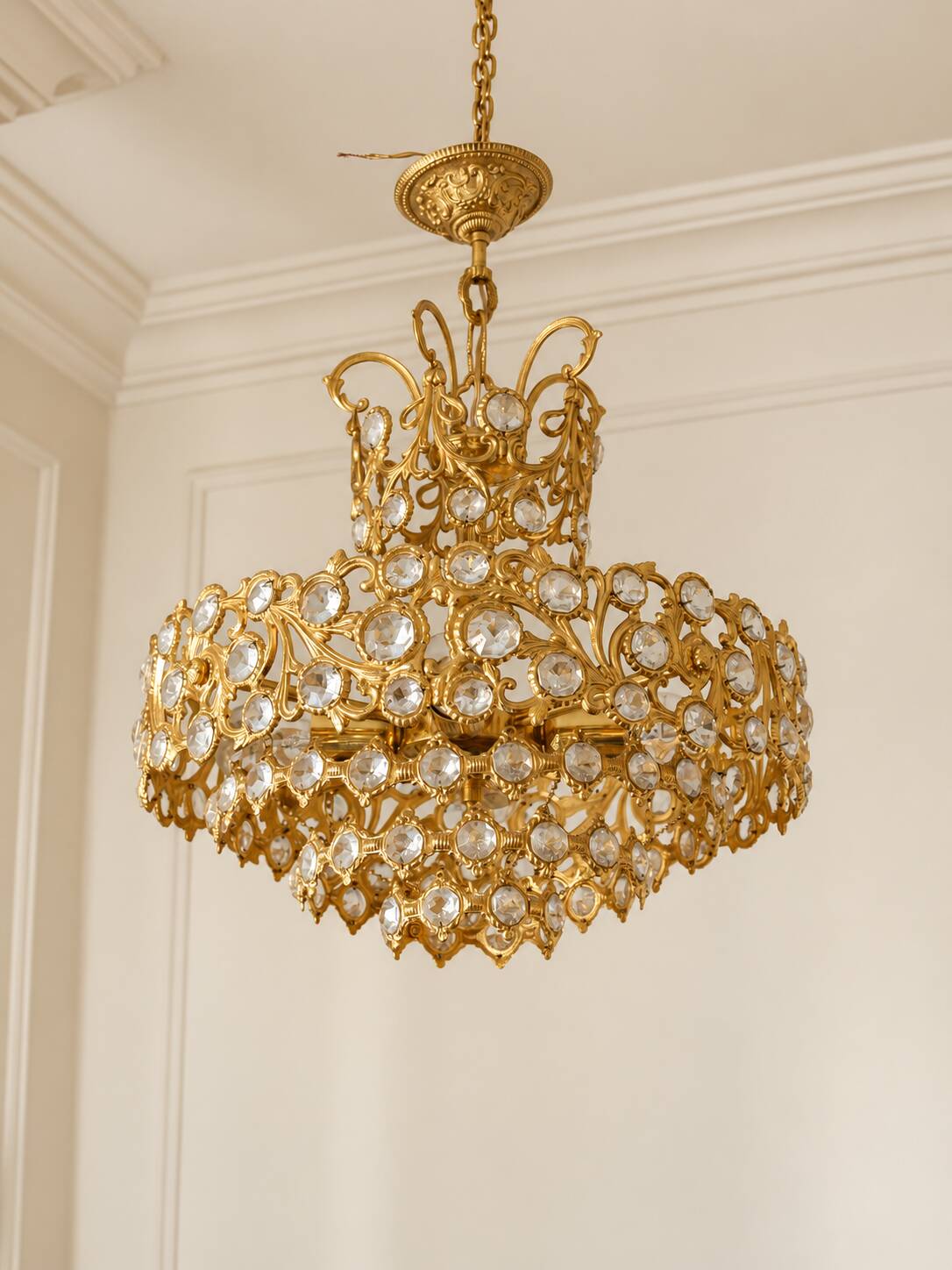 Brass and crystal chandelier plated with 24K gold PALWA, Germany, 1960s-70s.