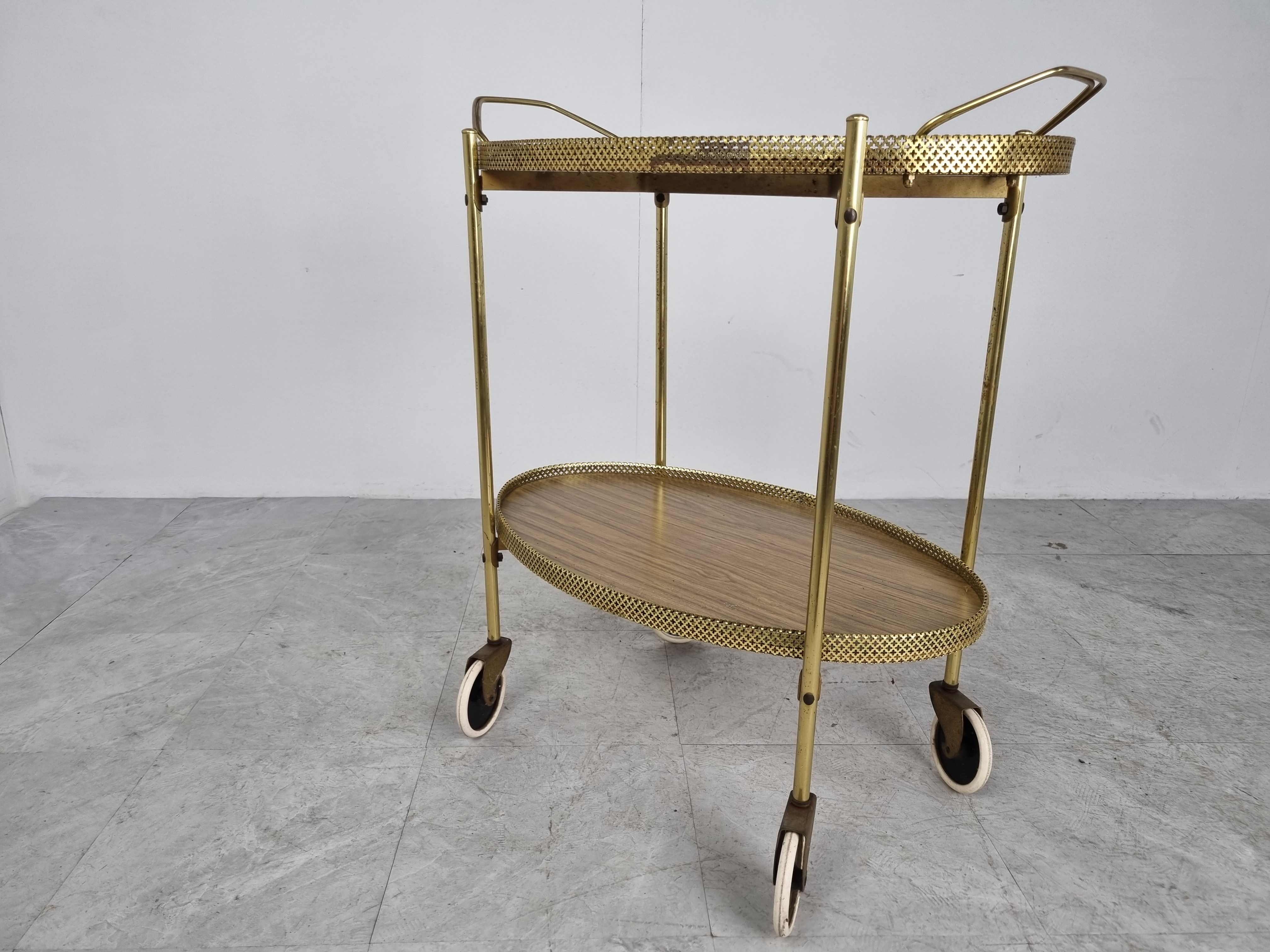 Mid century brass and wood serving trolley, 1950s