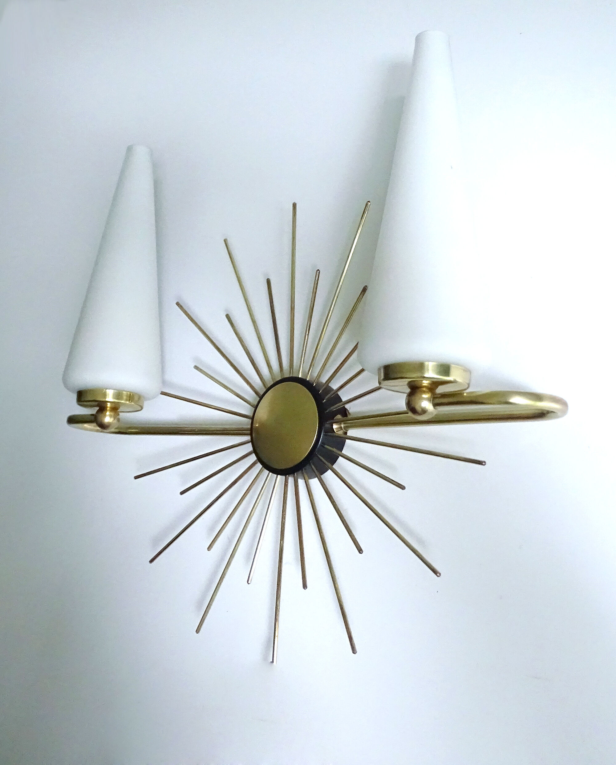 Pair of vintage sconces, sun, glass and brass, 60s