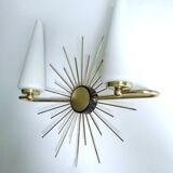 Pair of vintage sconces, sun, glass and brass, 60s