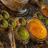 Sputnik wall lamp in brown and orange ceramic, Germany, 1970s.
