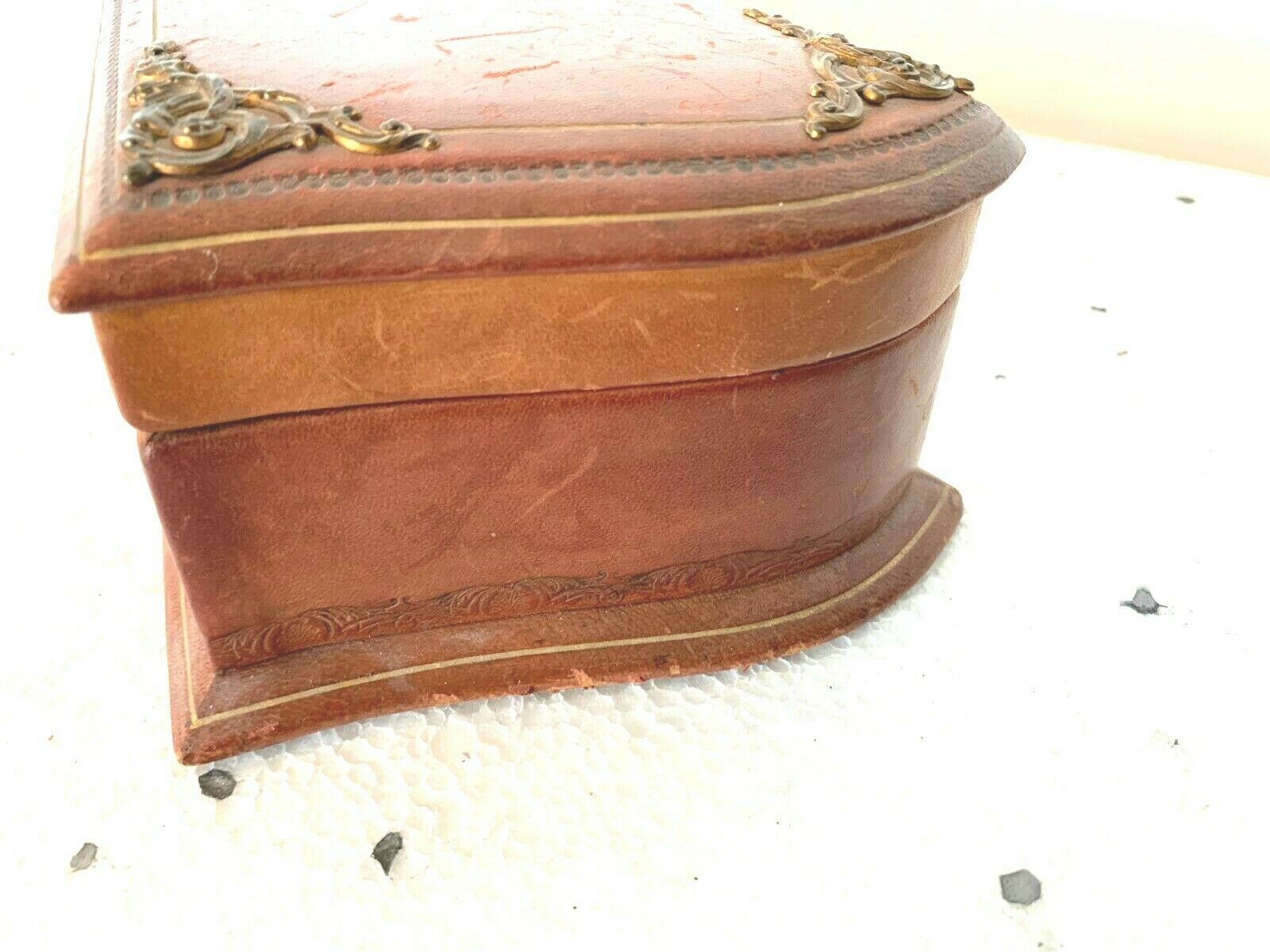 20th century leather jewelry and brass ornamentation box