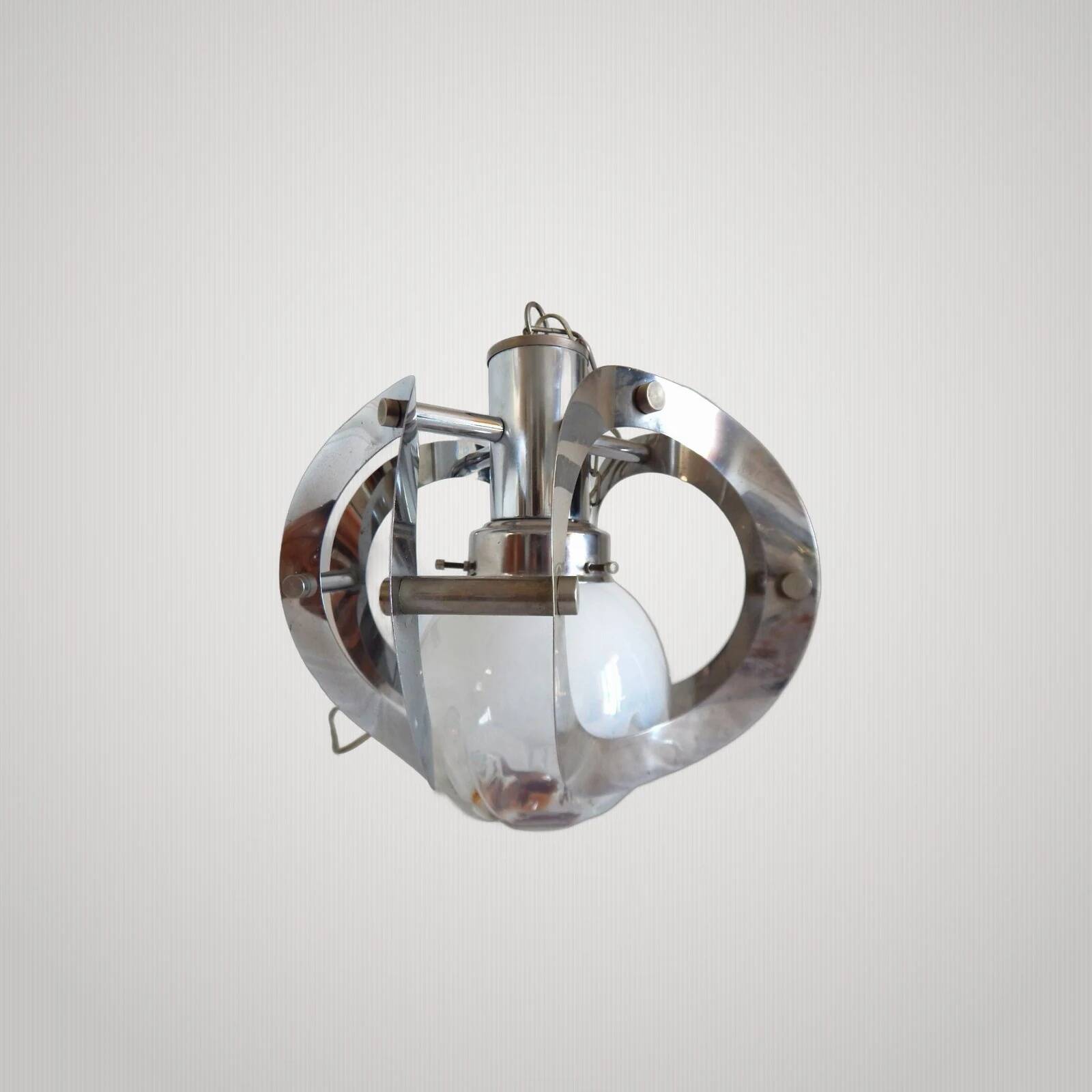 ANTIQUE CHANDELIER MAZZEGA Murano Opalescent Glass and Chrome Metal Pendant Light