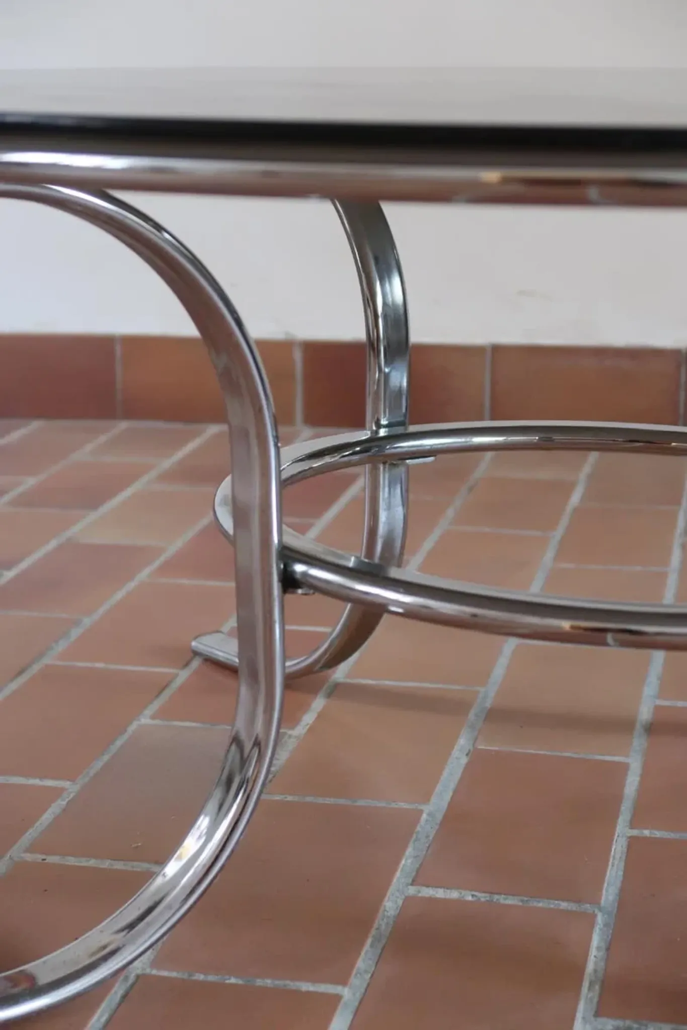 Round coffee table in smoked glass and chrome – Space Age style, 1970s