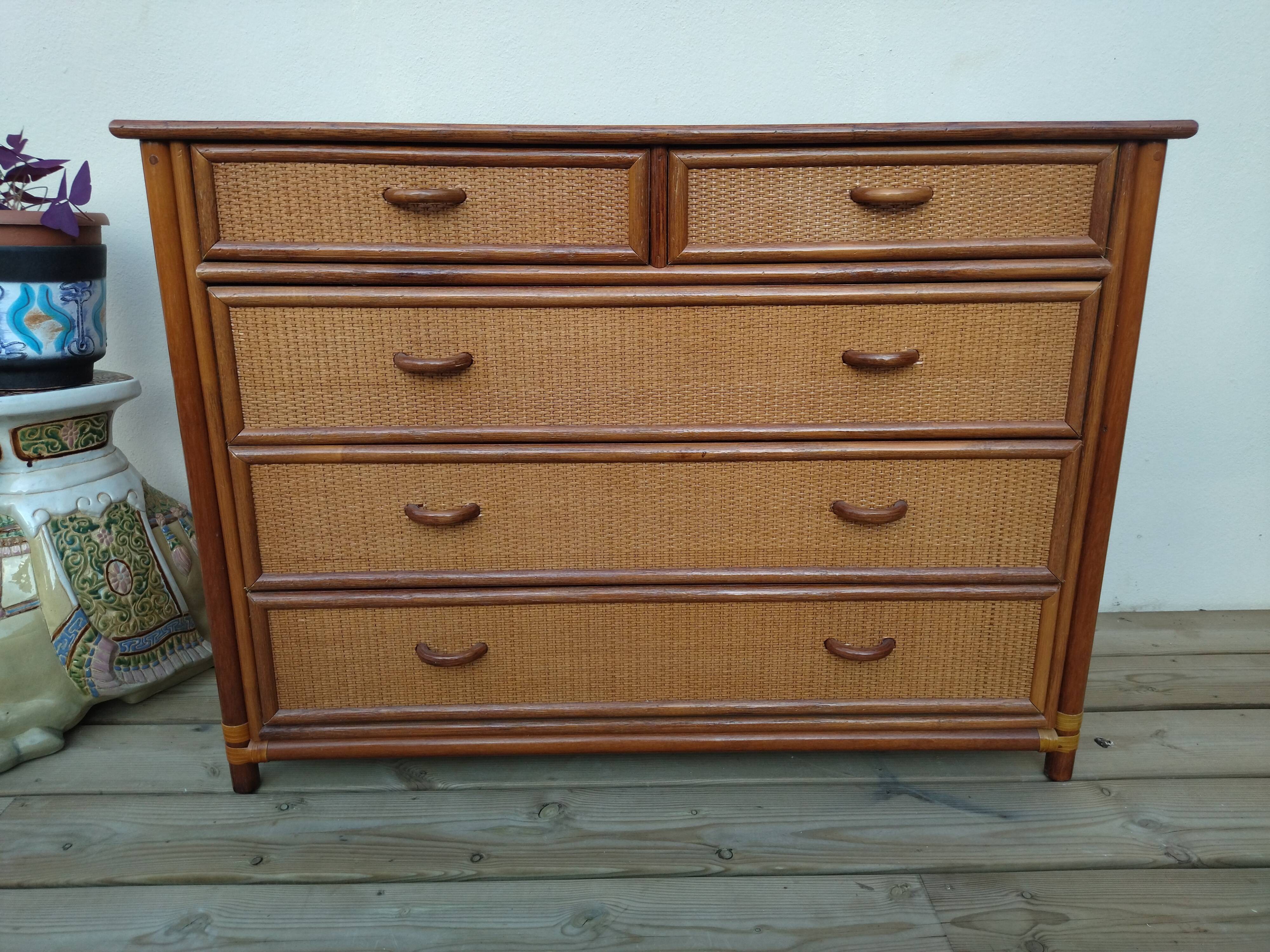 Vintage bamboo and raffia chest of drawers
