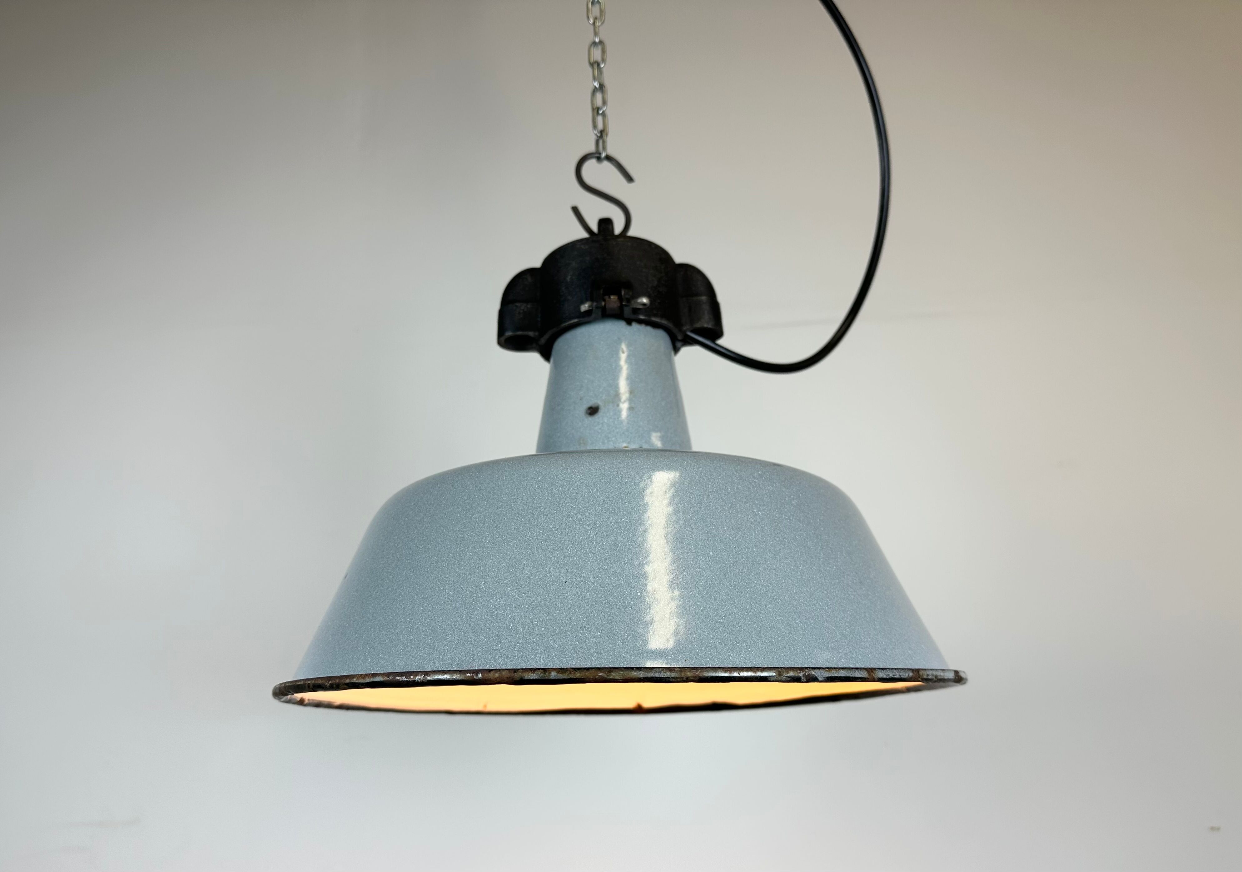 Industrial Grey Enamel Factory Lamp with Cast Iron Top, 1960s