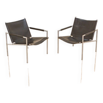 Pair of "SZ02" black leather armchairs by Martin Visser for Spectrum 60's
