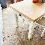 Ancienne table de ferme piétement patine blanche