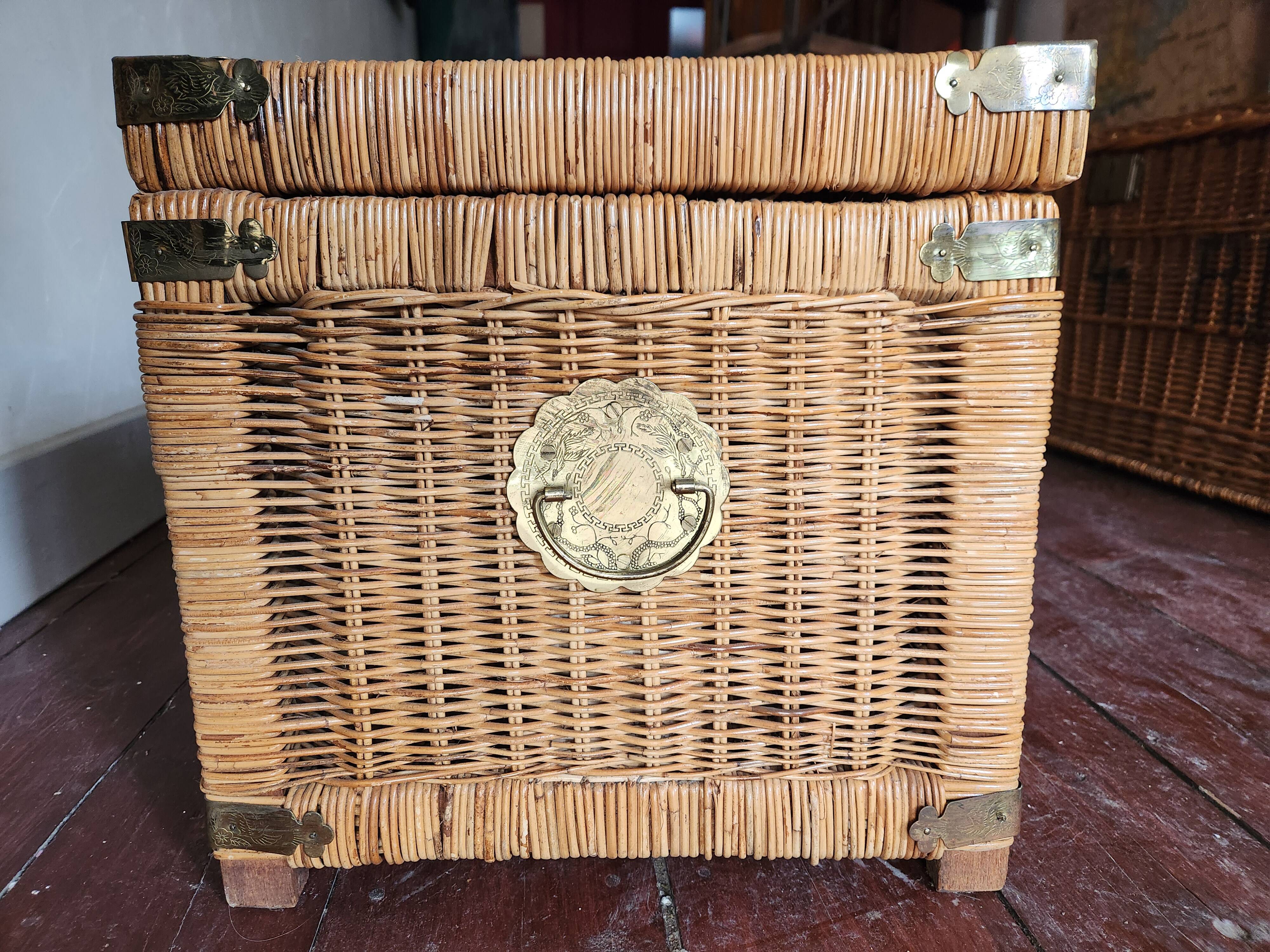 Antique vintage wicker trunk with brass fittings