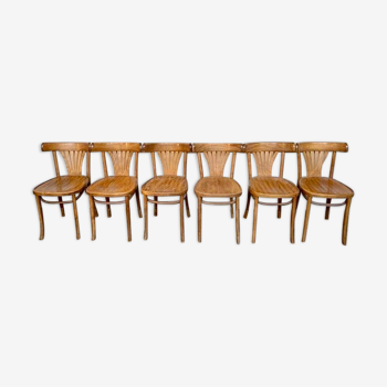 Series of 6 old vintage bistro chairs in curved wood light patina