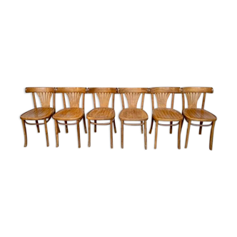 Série de 6 anciennes chaises bistrot vintage en bois courbé patine claire