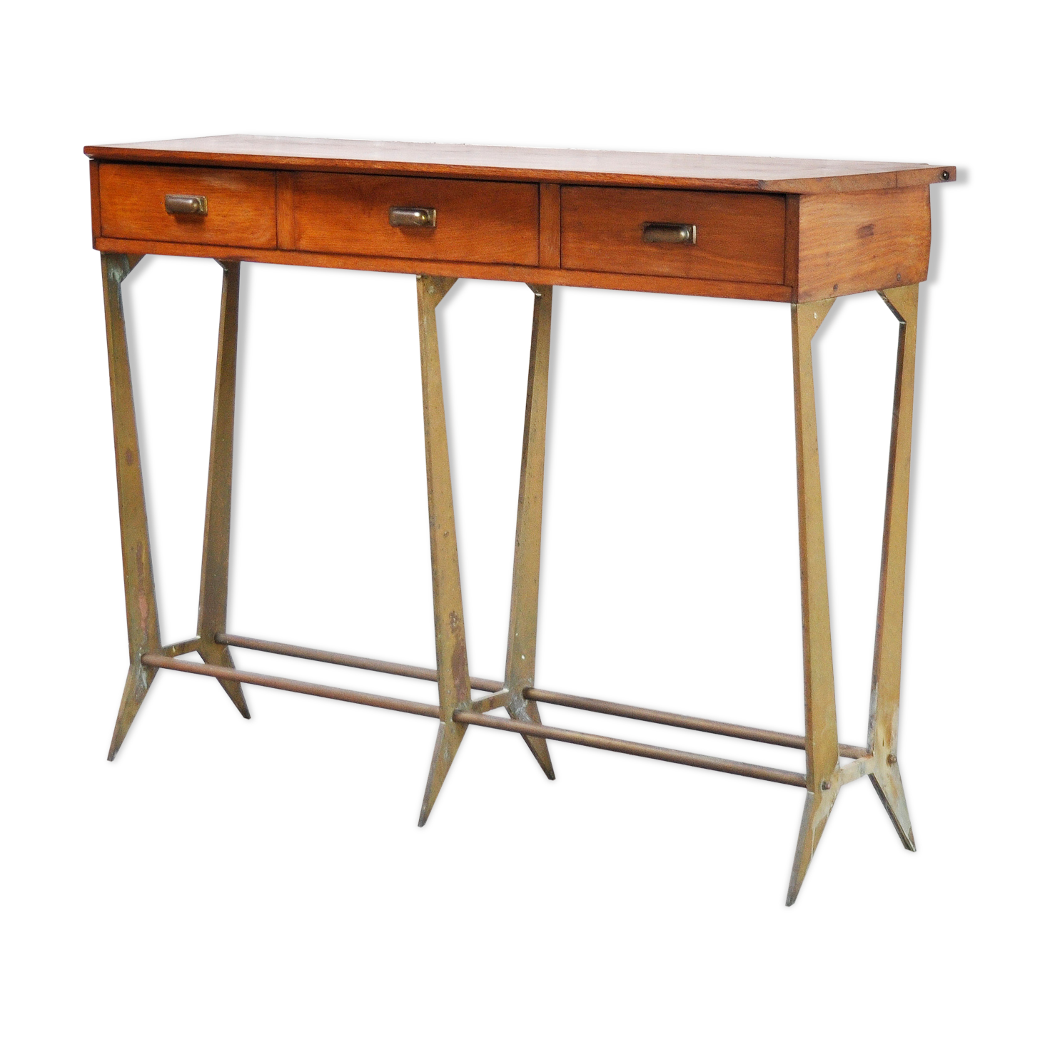 Sculptural wood & brass console table, italy 1950's