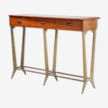 Sculptural wood & brass console table, italy 1950's