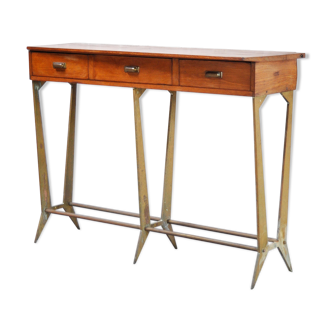 Sculptural wood & brass console table, italy 1950's