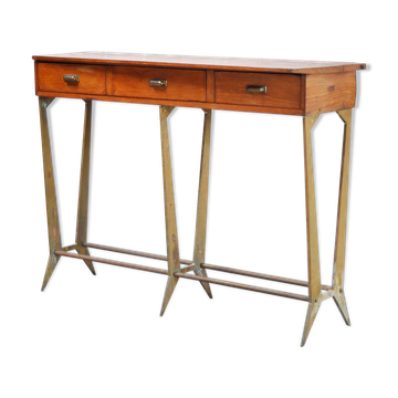 Sculptural wood & brass console table, italy 1950's