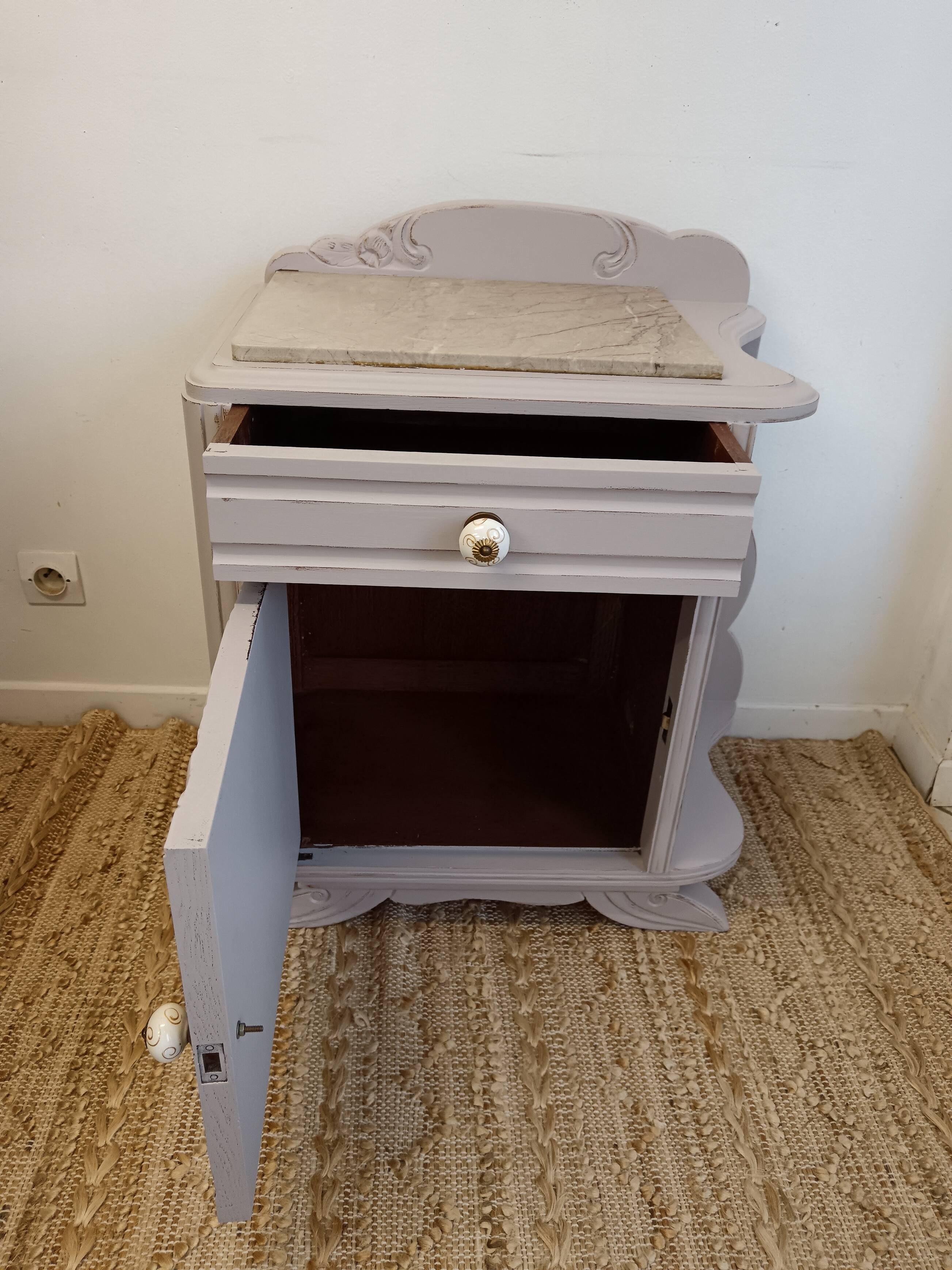 Vintage grey bedside table with marble top from the 1930s.