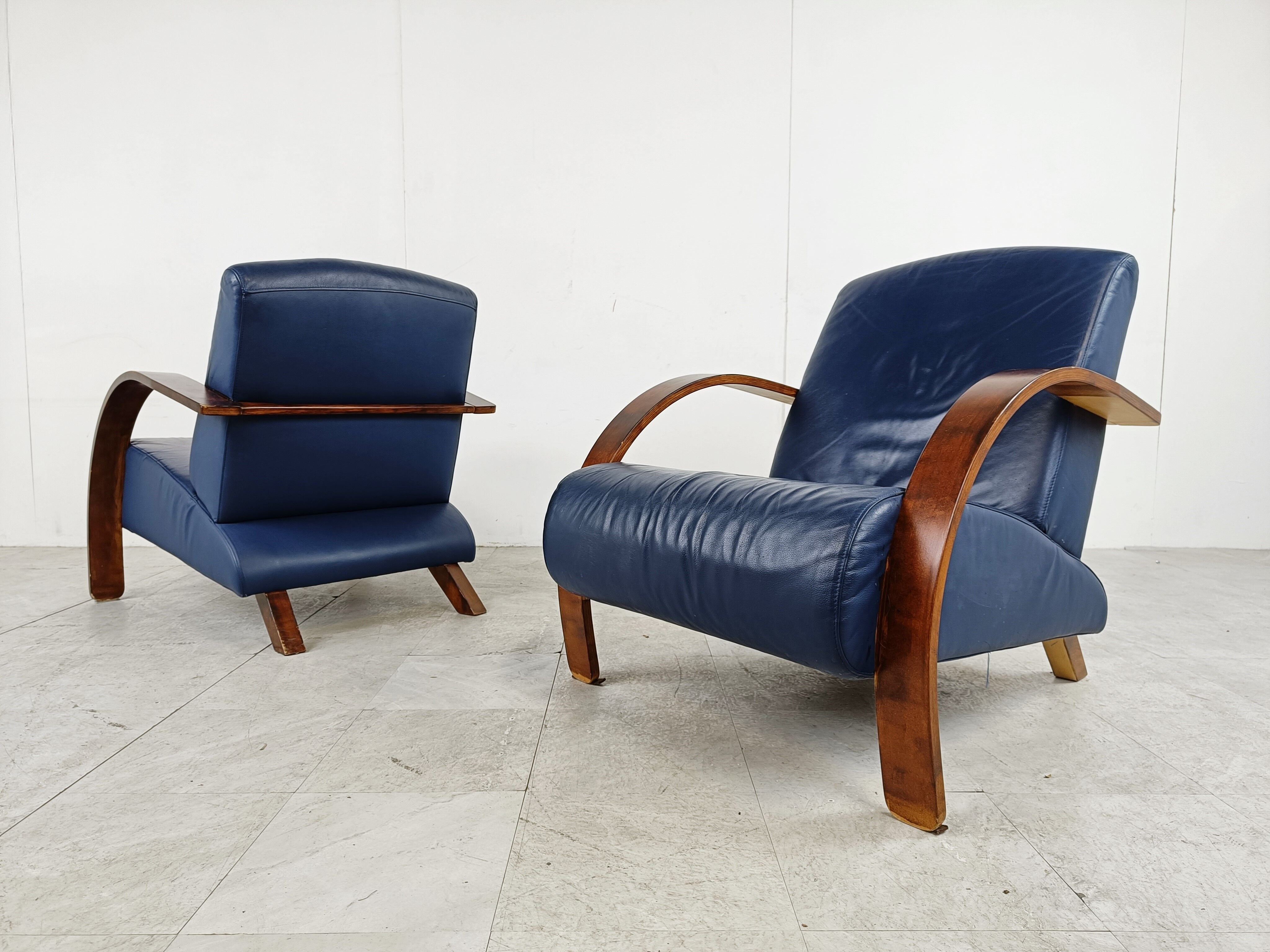 Pair of bentwood and blue leather armchairs, 1970s