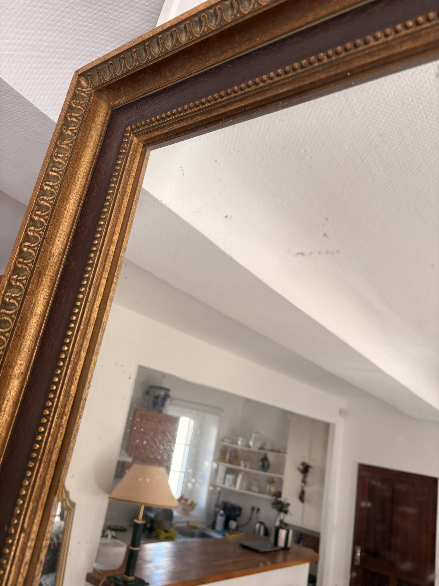 Golden Rectangular Wall Mirror Wood Louis XVI Style Acanthus Leaf Pearled