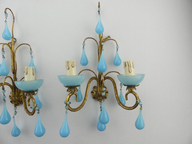 Pair of vintage wall lamps Murano blue opaline tassels