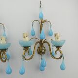 Pair of vintage wall lamps Murano blue opaline tassels