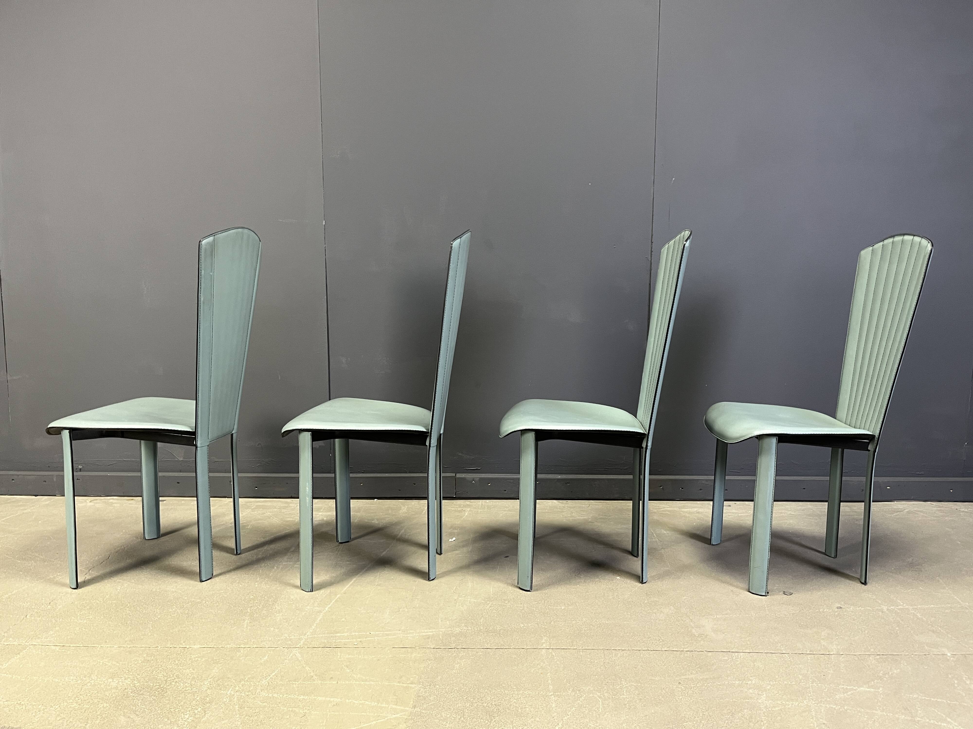 Postmodern green leather dining chairs, 1980s
