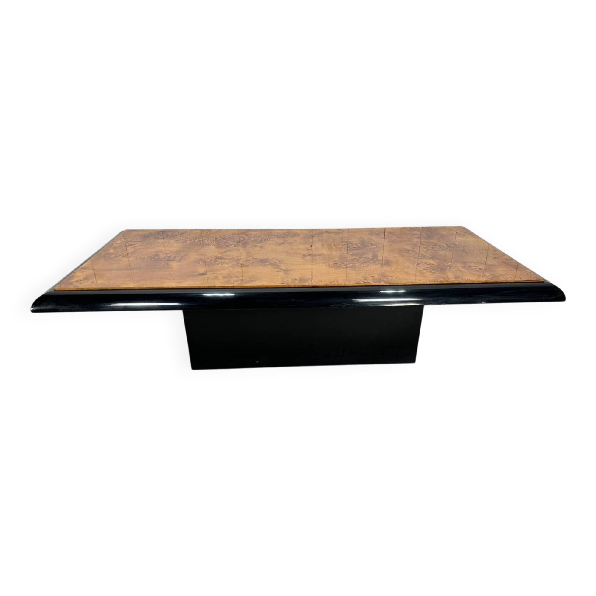 Table basse laqué noir et loupe d’orme dans le style Willy Rizzo