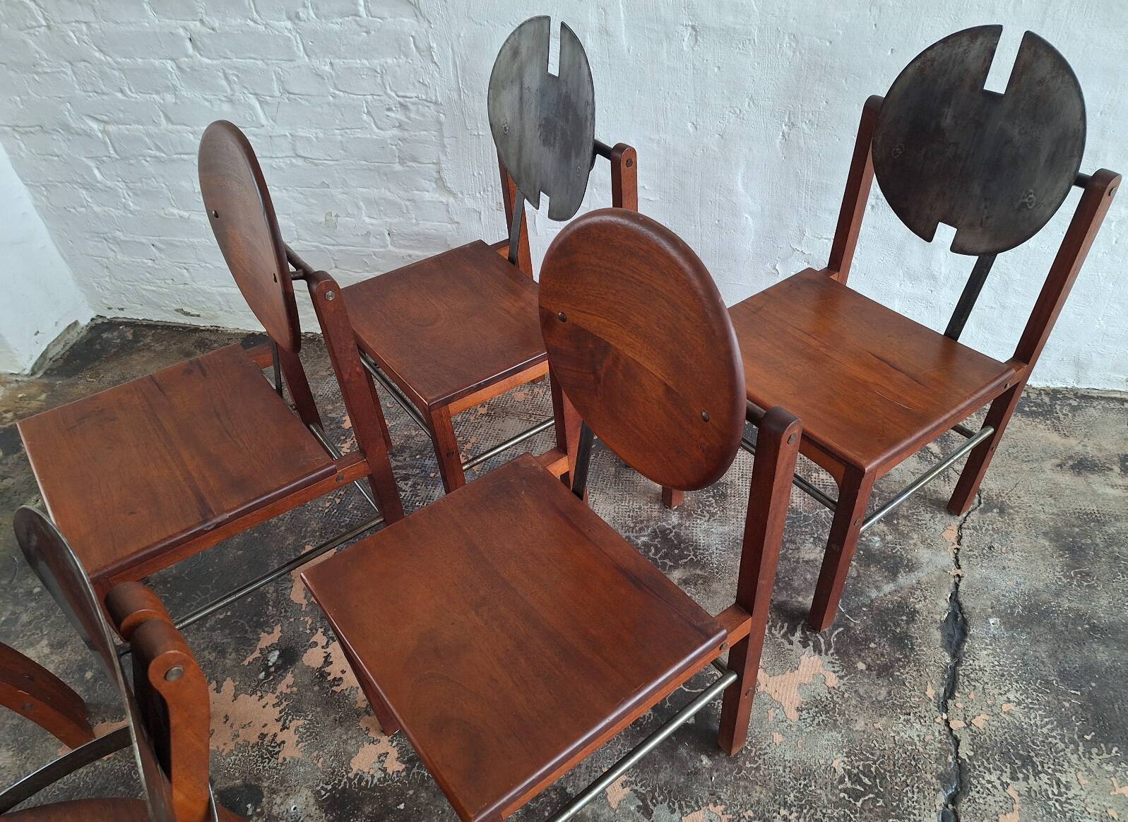 Set of 6 mid century Brutalist teak and steel dining chairs, 1960s