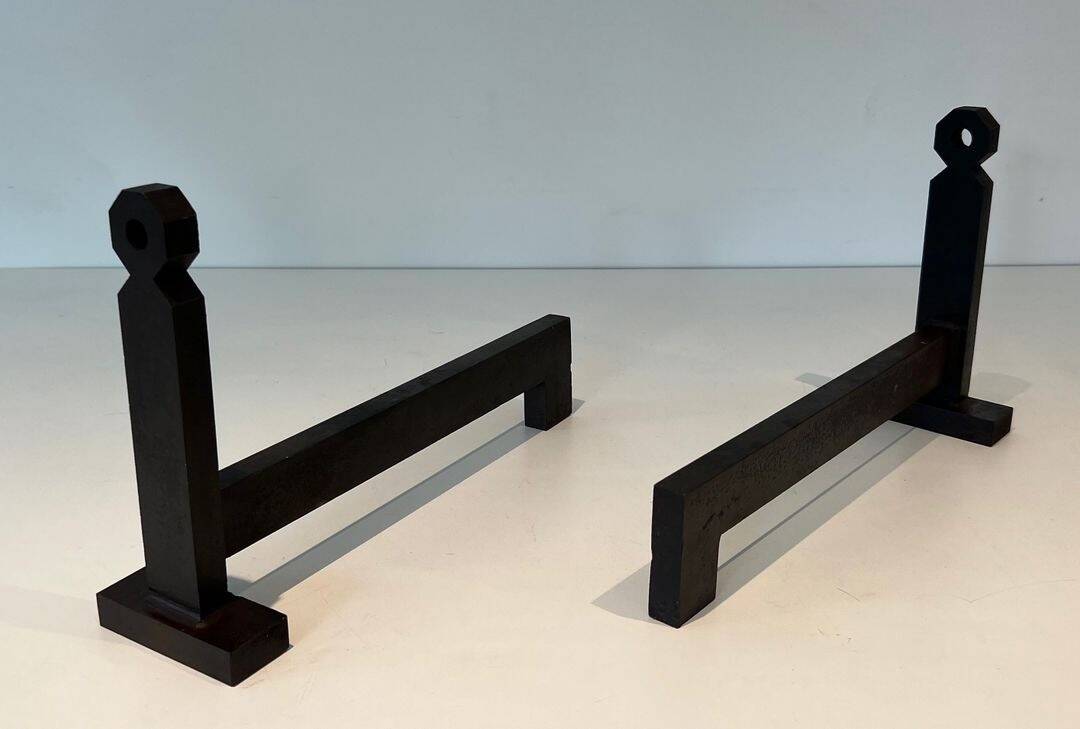 Pair of Minimalist Modernist Wrought Iron Chenets with Torch Holders in Nut Design