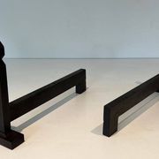 Pair of Minimalist Modernist Wrought Iron Chenets with Torch Holders in Nut Design