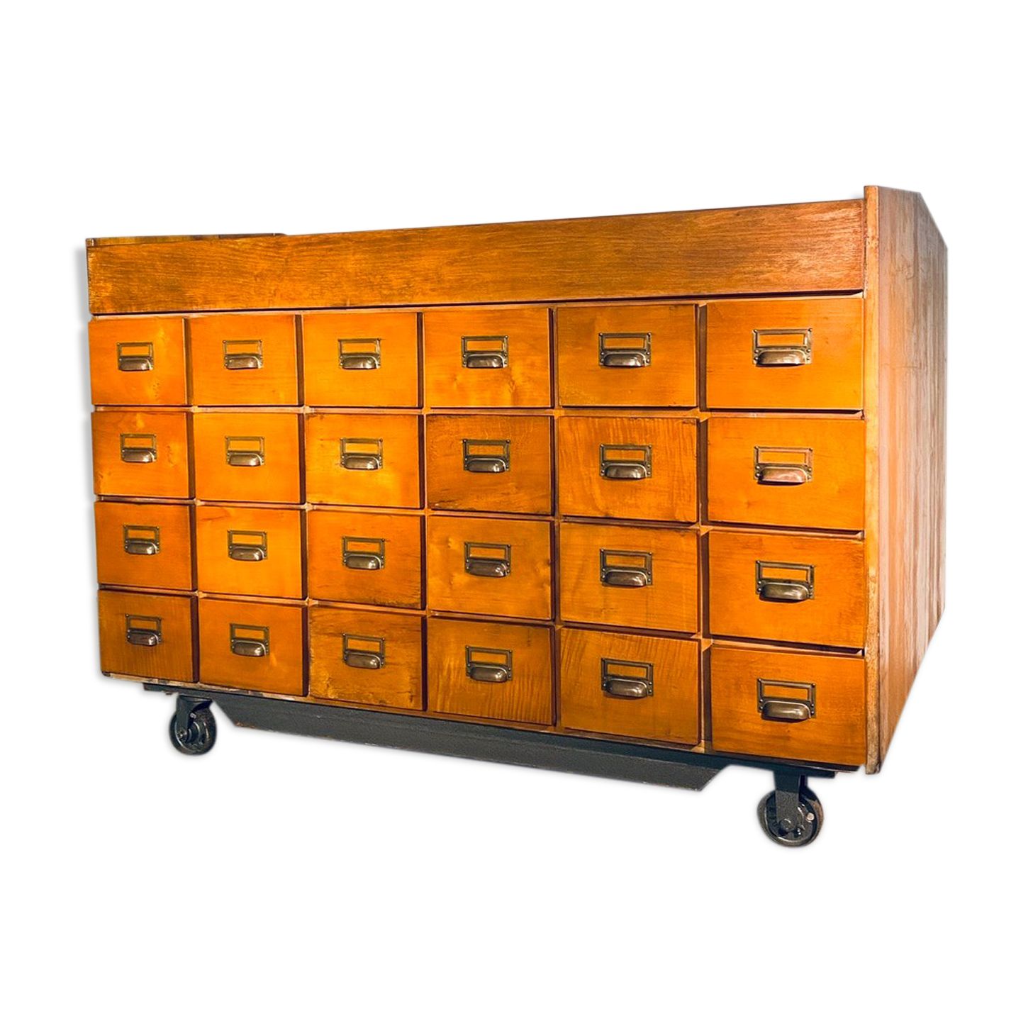 Double-sided wooden industrial filing cabinet with 48 vintage drawers