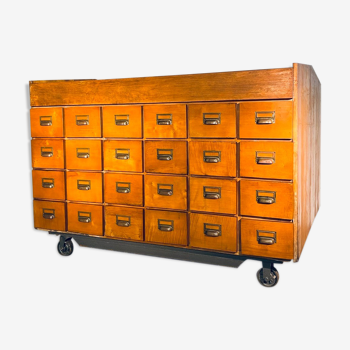 Double-sided wooden industrial filing cabinet with 48 vintage drawers