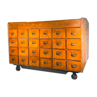 Double-sided wooden industrial filing cabinet with 48 vintage drawers