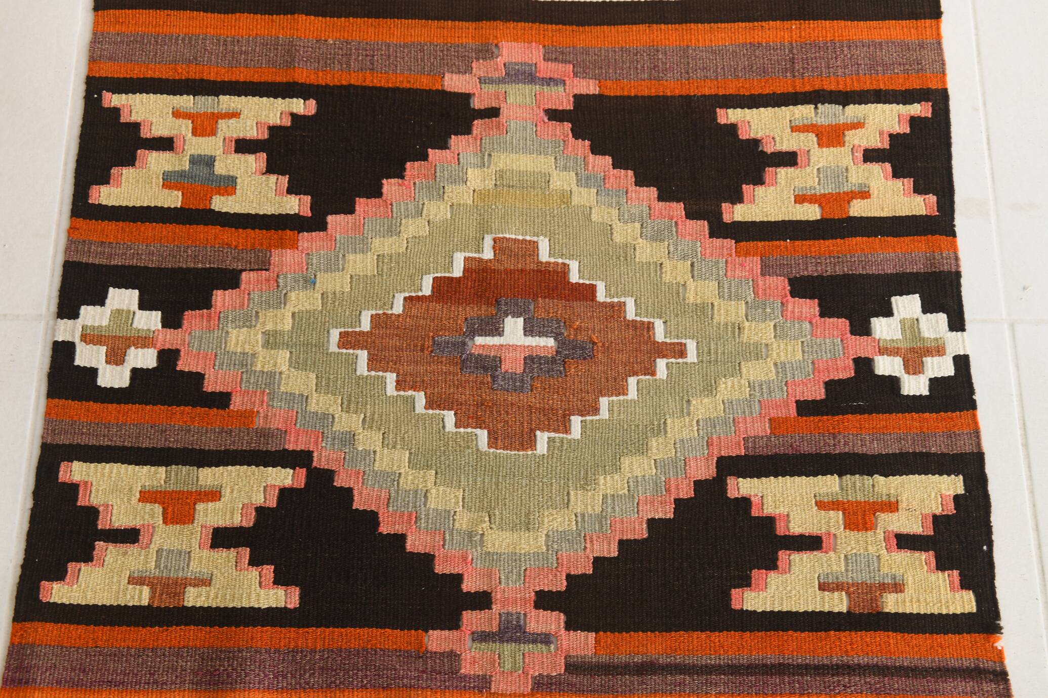 Pink & Brown Turkish Vintage Kilim Runner Rug, 77x387Cm