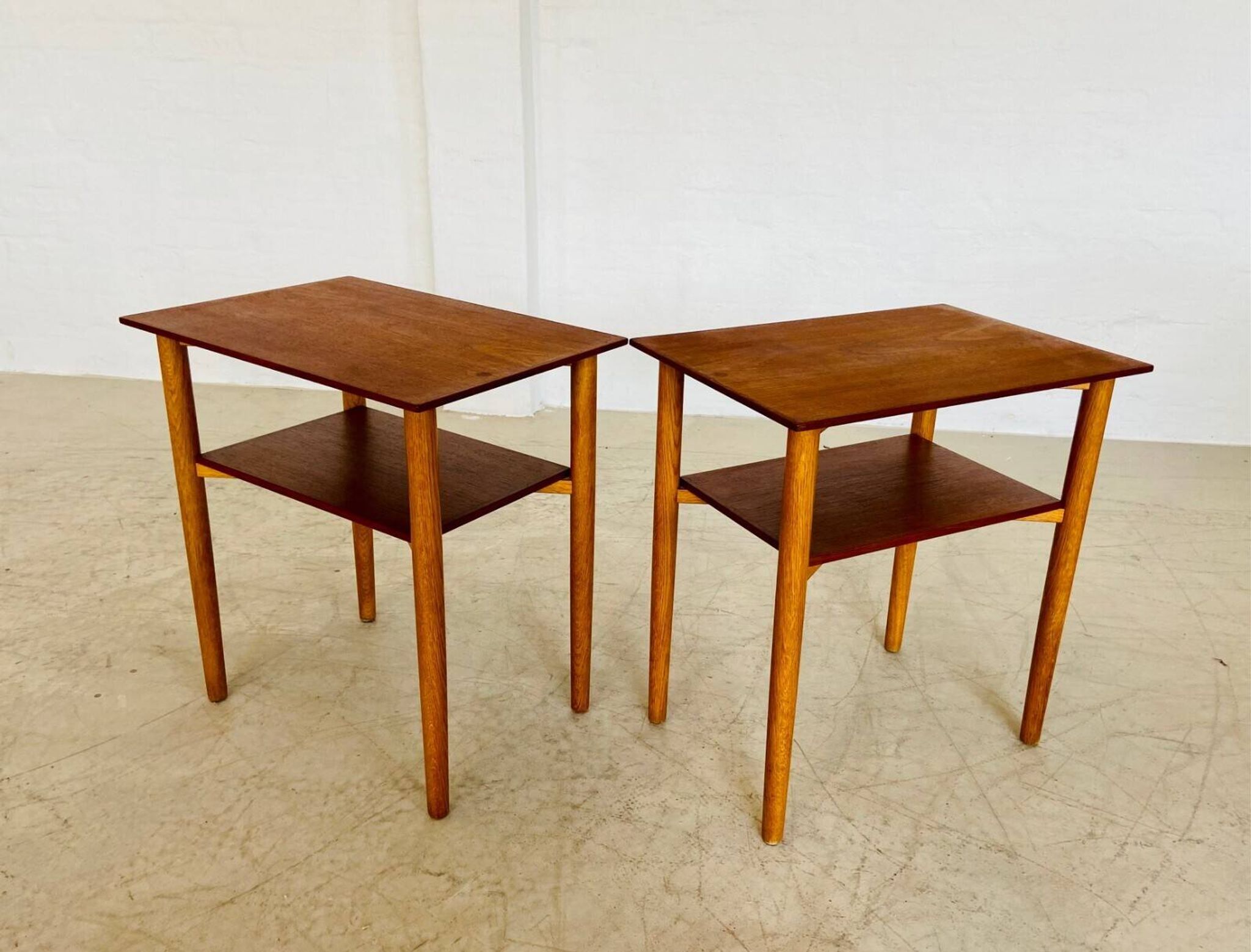 Vintage Danish mid-century teak and oak bedside tables by Næstved Møbelfabrik