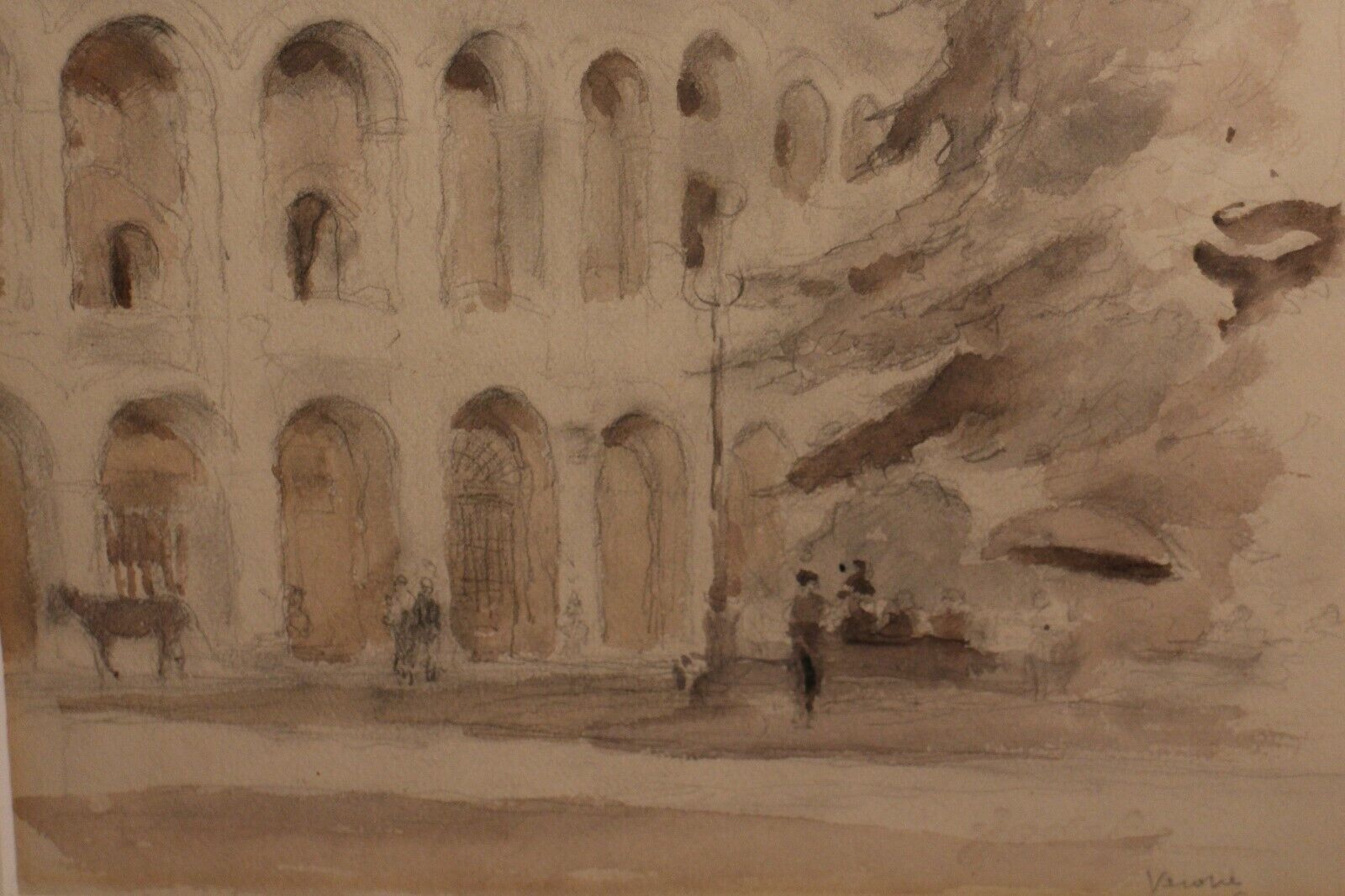 Ink wash drawing representing the arena of Verona