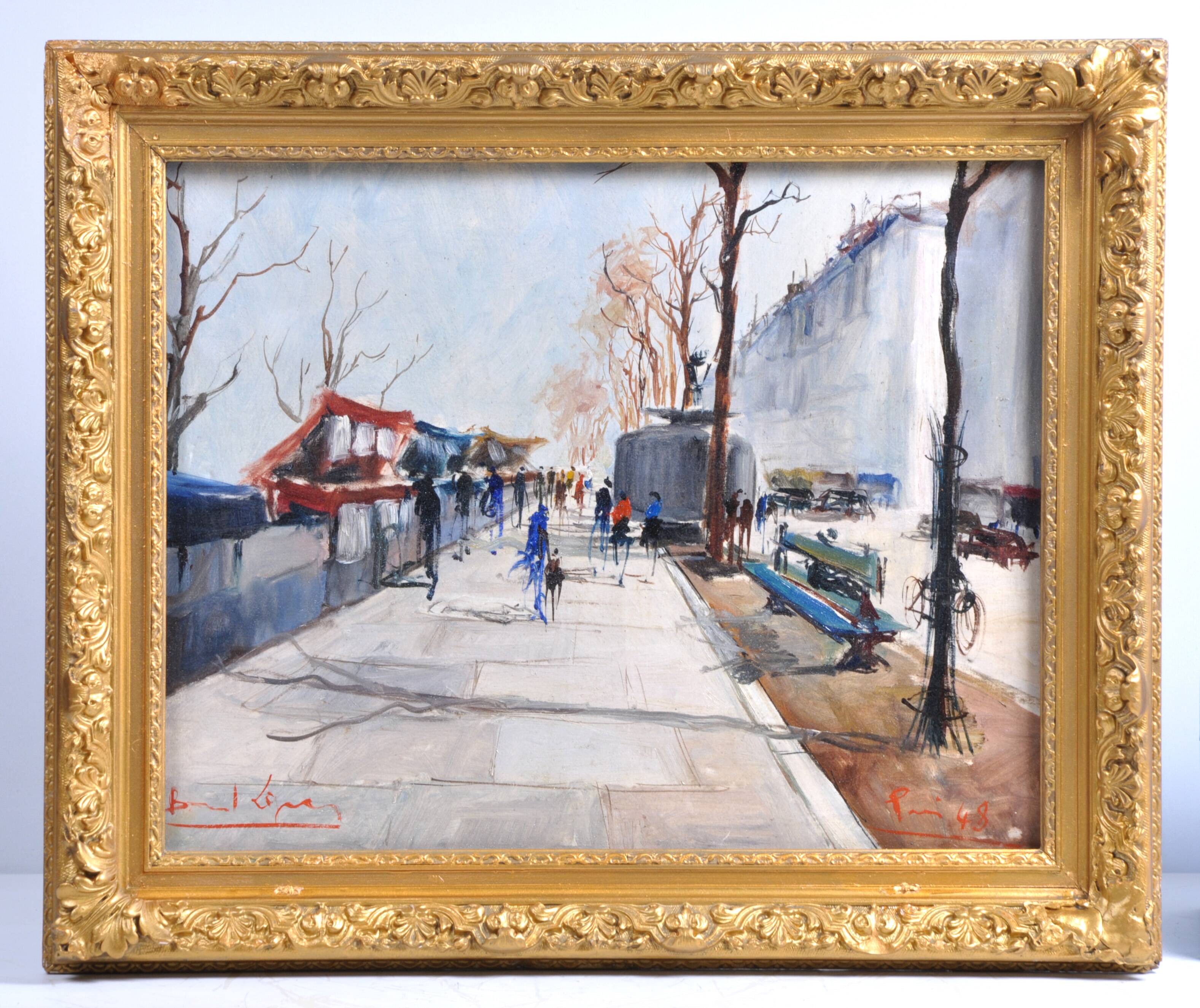 Oil painting of booksellers on the quays of Paris, 1948
