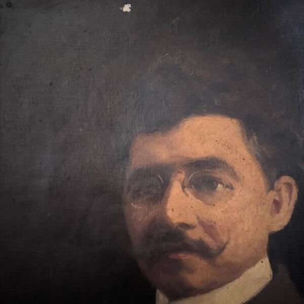 Huile sur toile portrait d'homme portant lunettes et moustache début XXe