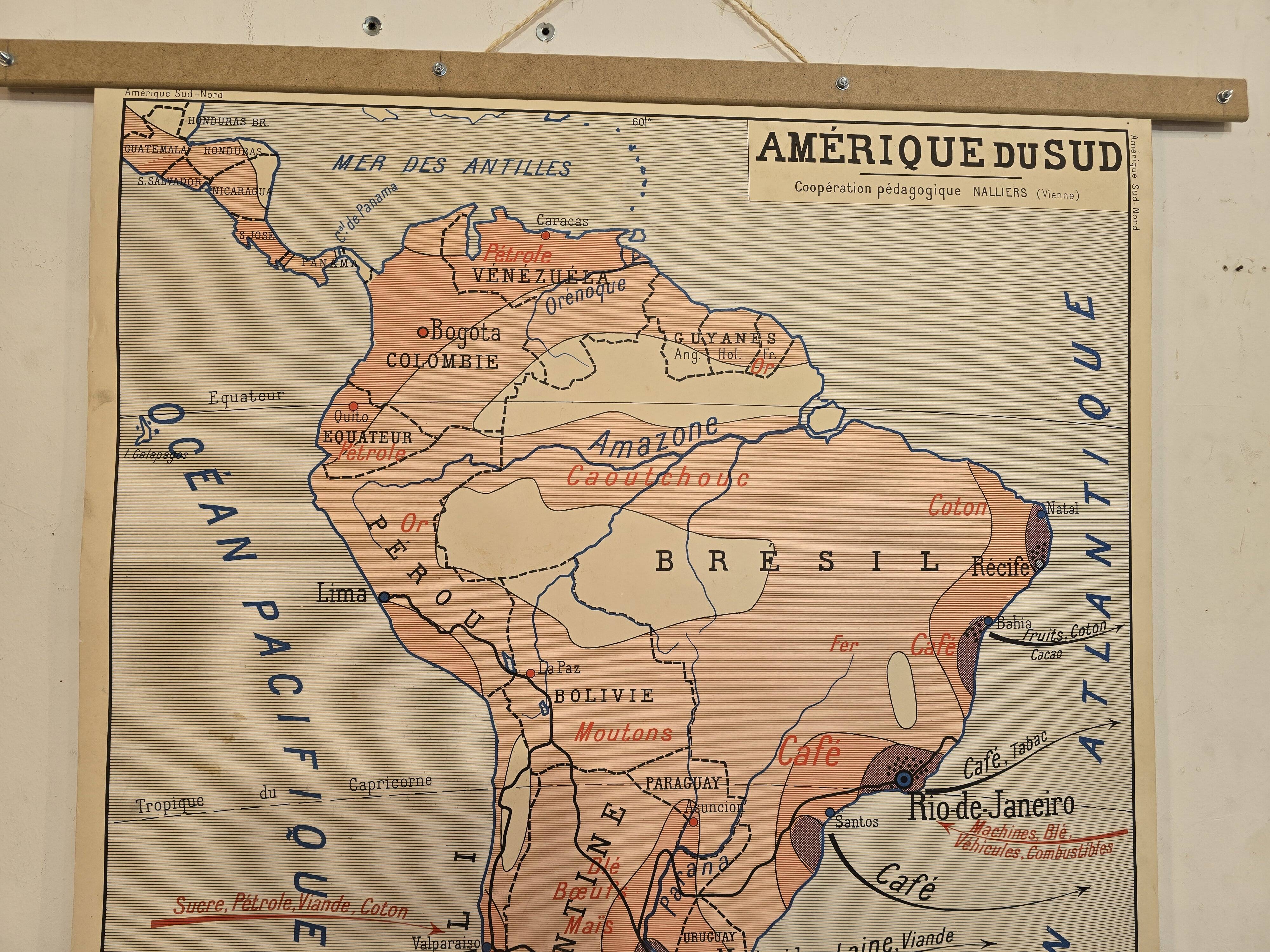 Old geography map / school map South America North America