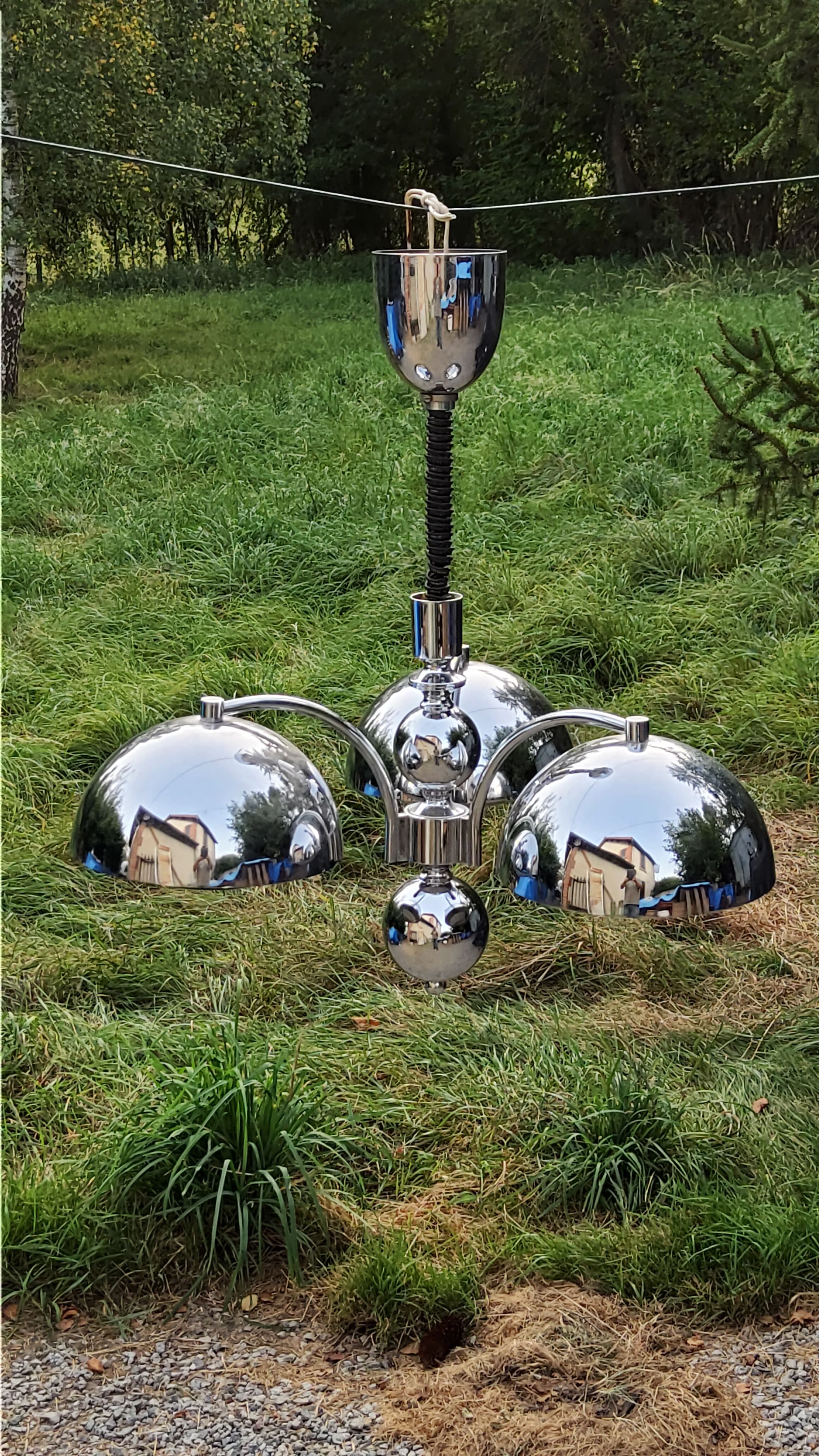 Italian design chandelier in chrome metal 3 lights Rolly 1973