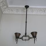 Brutalist wrought iron and copper 2-arm chandelier, 1960s