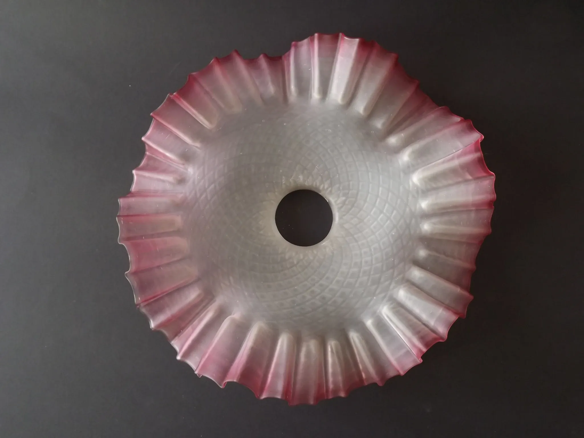 French Vintage 1930s Patterned Pink And White Frilled Glass Shade