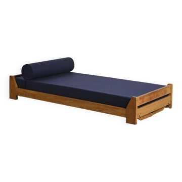 Wooden bench with midnight blue fabric, France, circa 1955