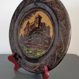 Vintage glazed terracotta plate from Dauphiné, Château decoration.