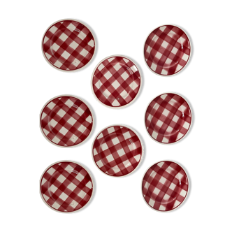 8 vintage dessert plates with red checkers, 50s, Givors earthenware