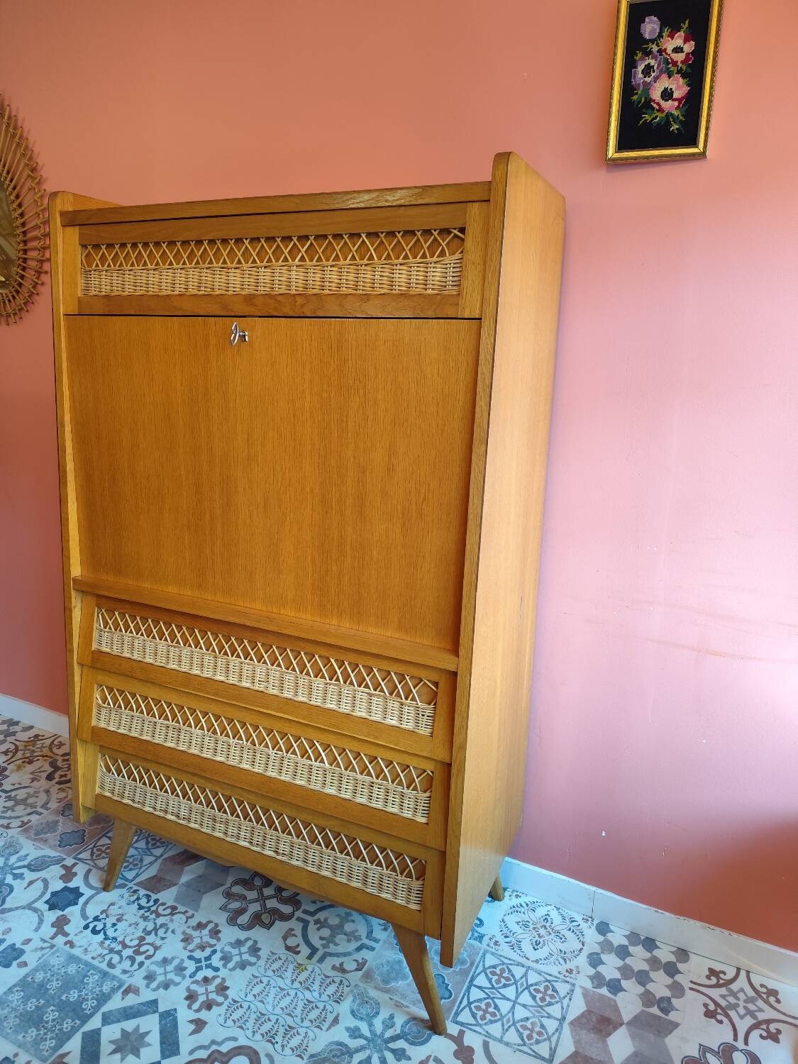Vintage secretary desk in wood and rattan